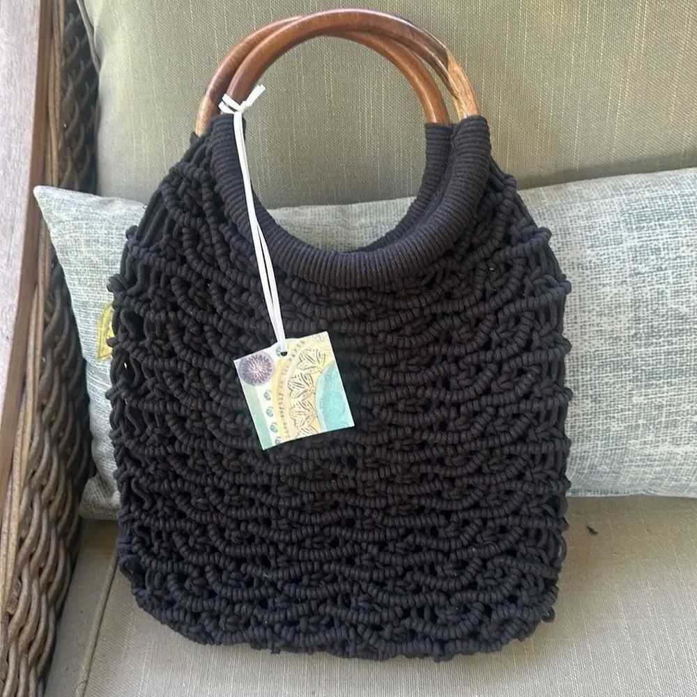 Sigrid Olsen Black Crochet Wooden Handled Handbag